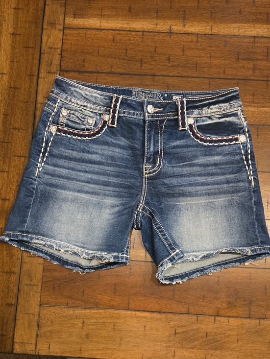 Miss Me Pants - Miss Me Distressed Blue Denim Shorts with Braided Trim